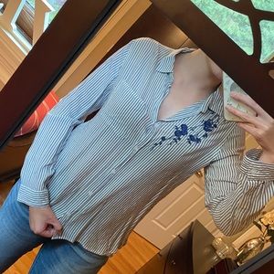 Striped Button Down w/ Flower Detail